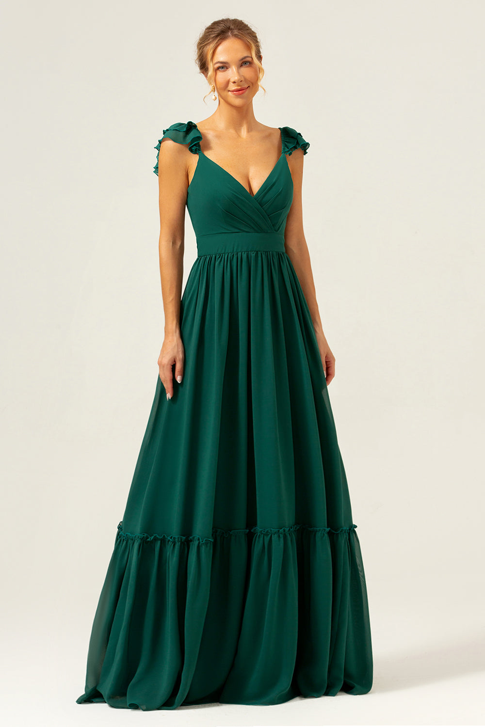 Dark Green A Line V-Neck Chiffon Bridesmaid Dress with Ruffles