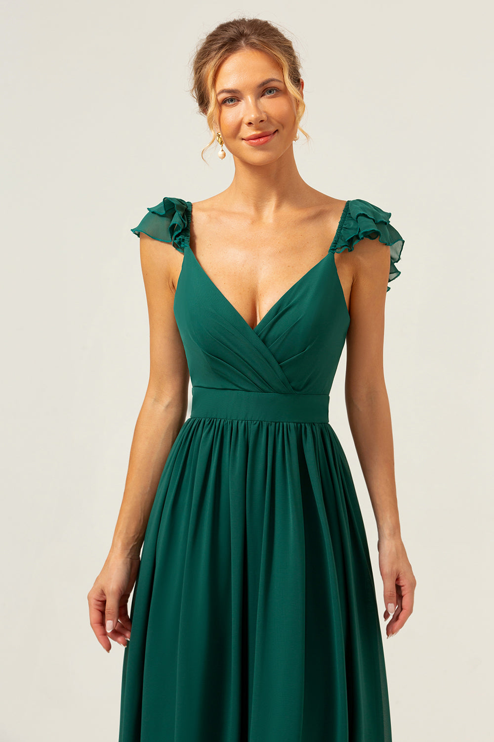 Dark Green A Line V-Neck Chiffon Bridesmaid Dress with Ruffles