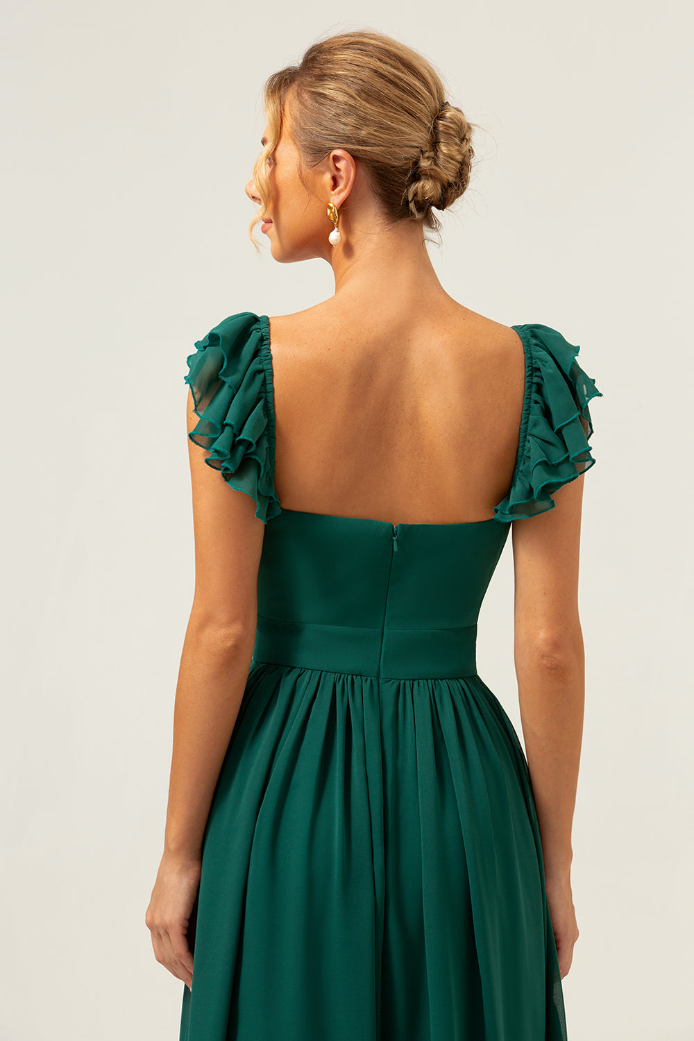 Dark Green A Line V-Neck Chiffon Bridesmaid Dress with Ruffles