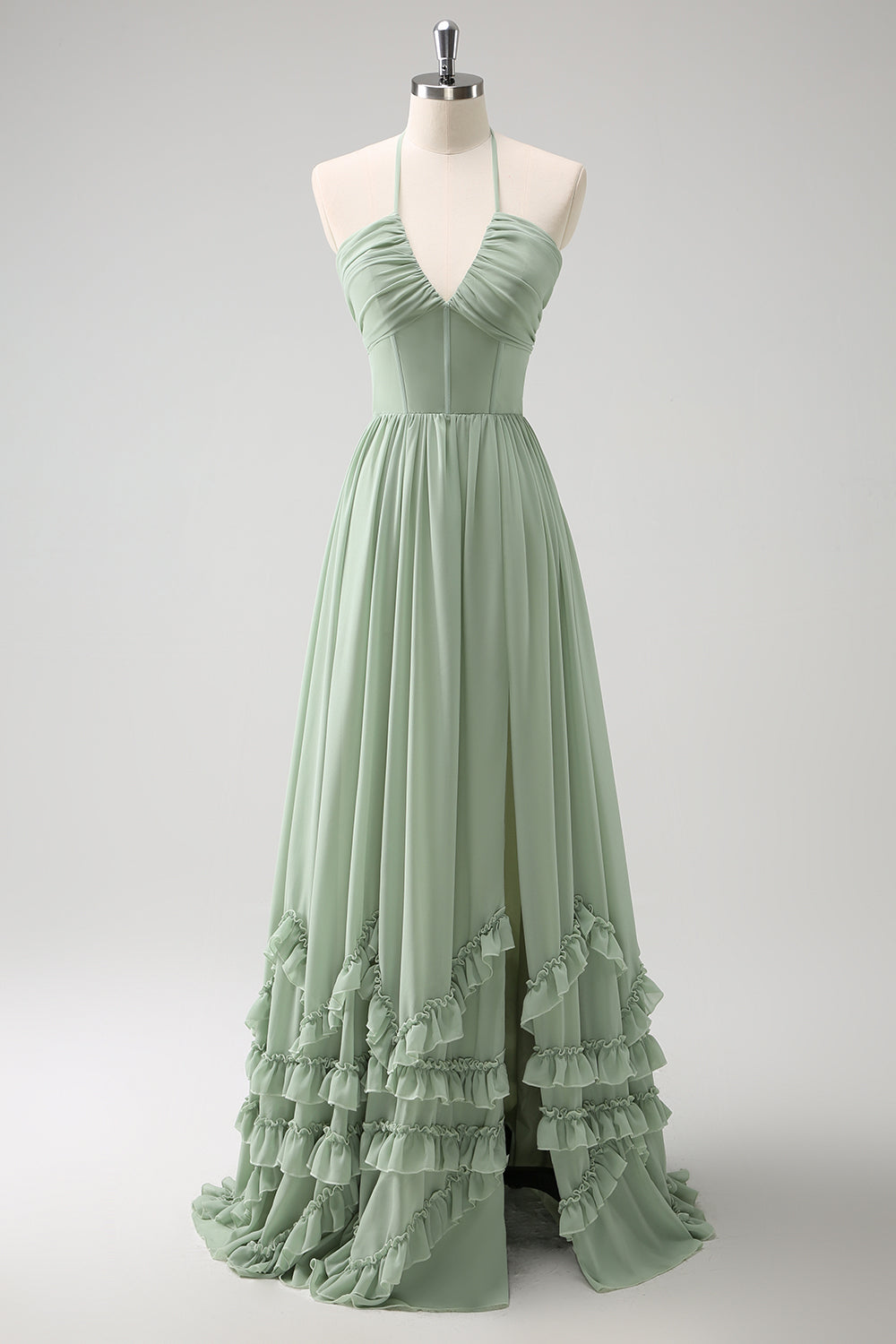 Dusty Sage Halter Corset Ruffled Chiffon Bridesmaid Dress with Slit
