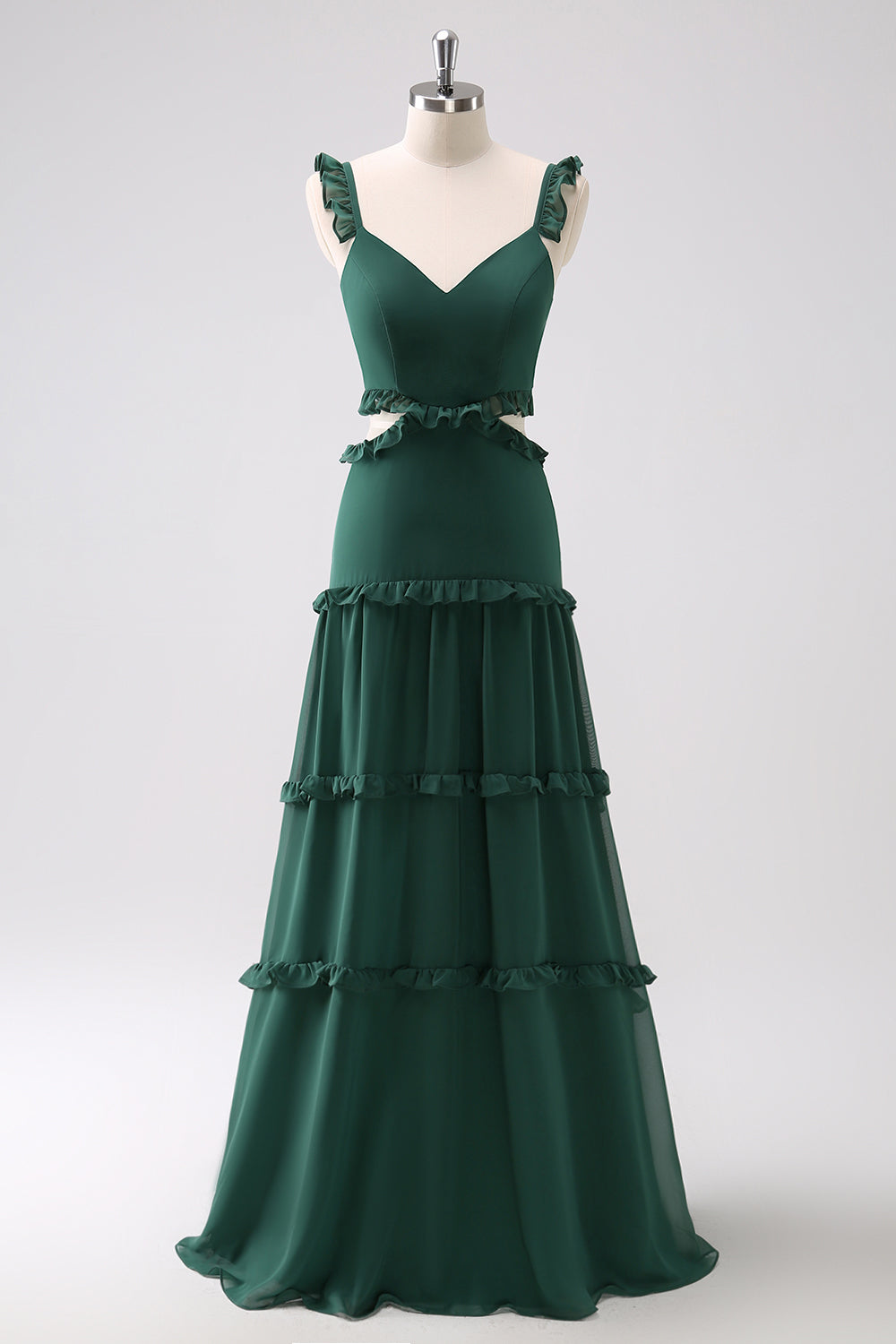 Dark Green A-Line Cut Out Ruffled Chiffon Bridesmaid Dress