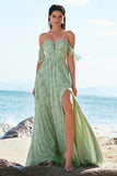 Dusty Sage A Line Off the Shoulder Print Wedding Guest Dress with Slit
