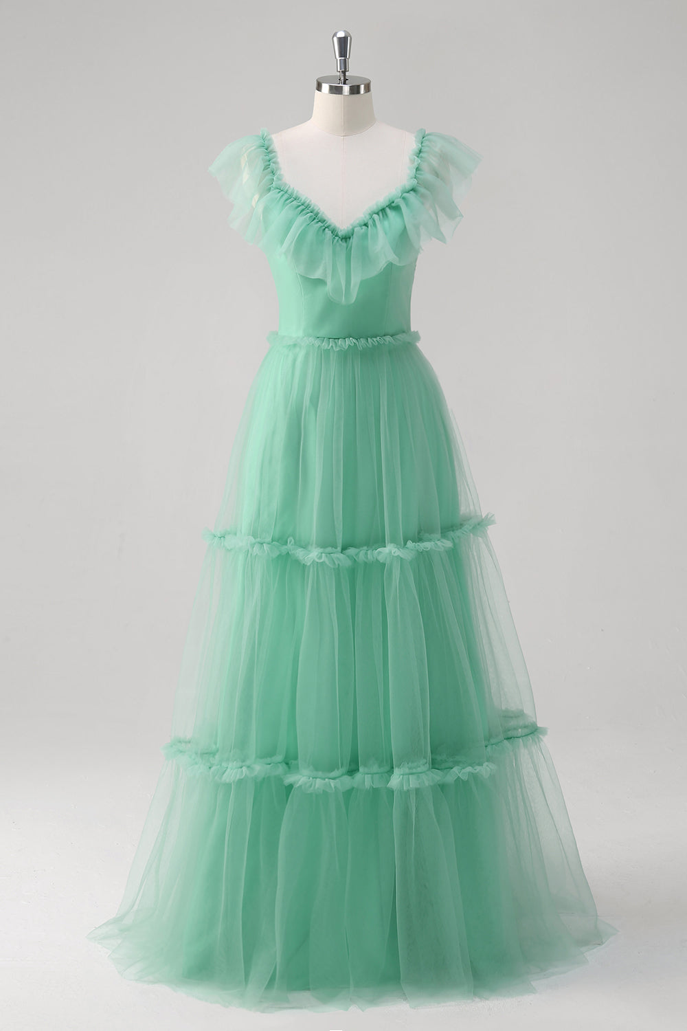 Green V-Neck Tulle A-Line Tiered Bridesmaid Dress