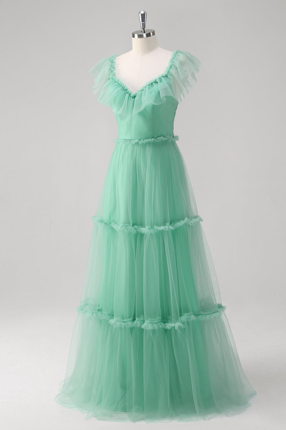 Green V-Neck Tulle A-Line Tiered Bridesmaid Dress