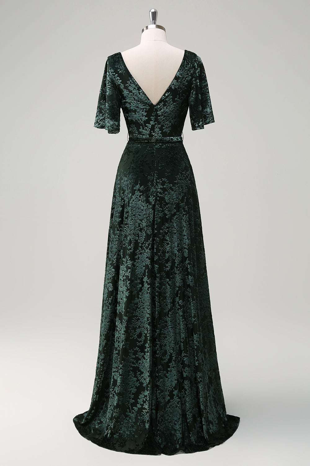 Dark Green V-Neck Burnout Velevt Bridesmaid Dress with Slit