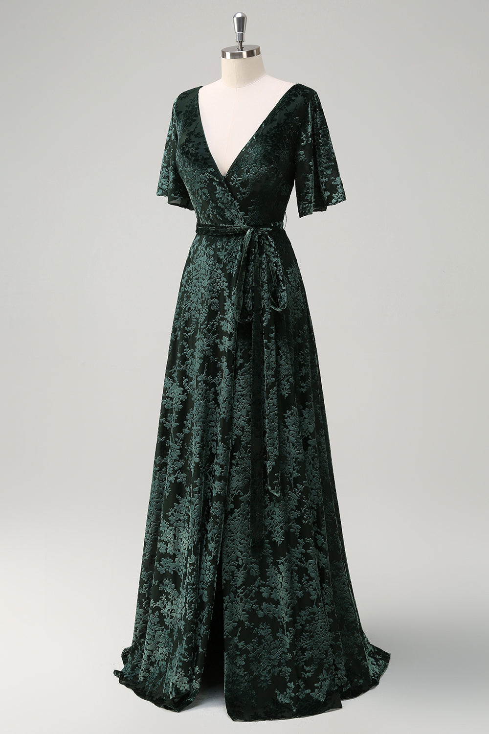 Dark Green V-Neck Burnout Velevt Bridesmaid Dress with Slit