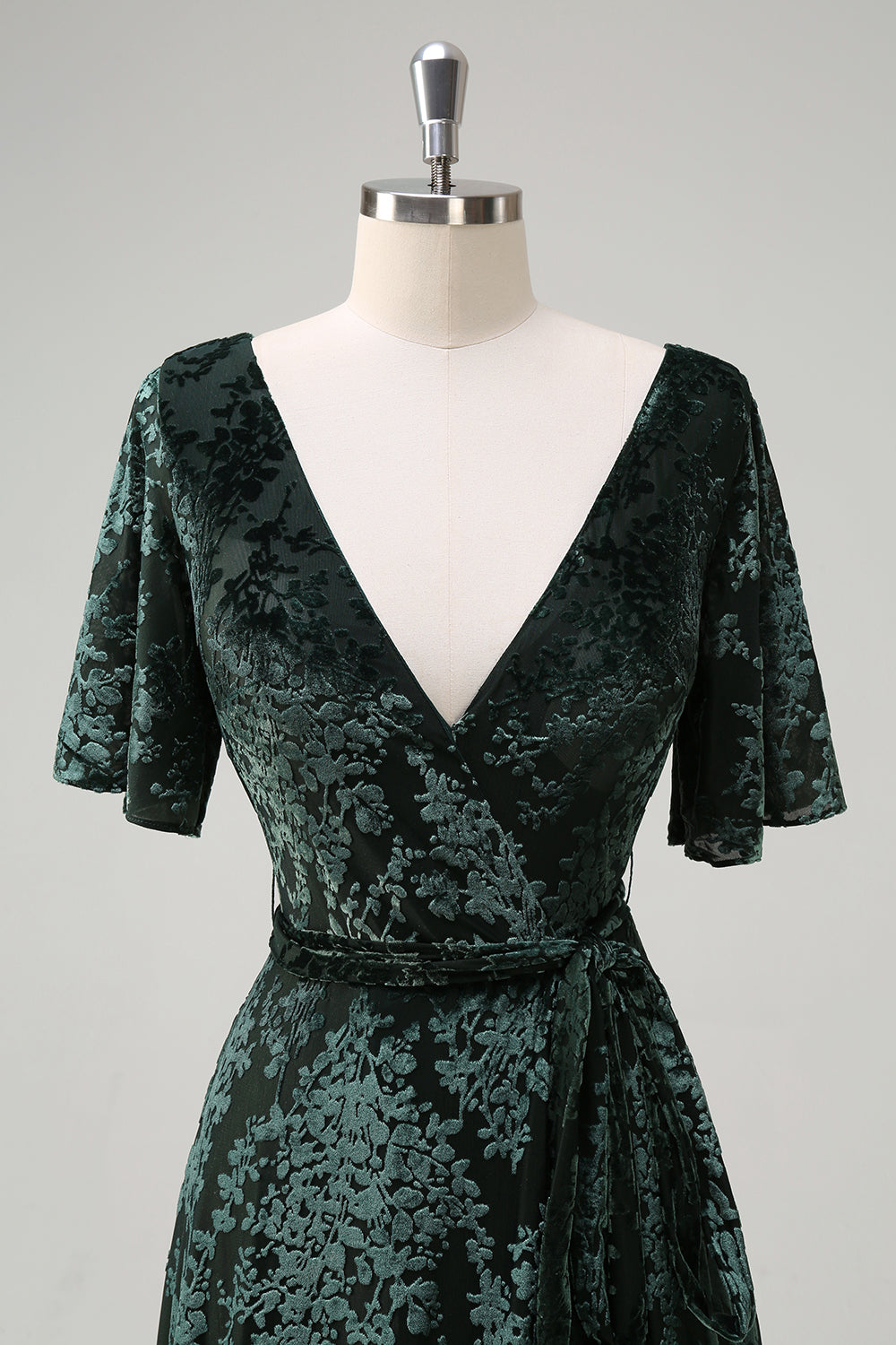 Dark Green V-Neck Burnout Velevt Bridesmaid Dress with Slit