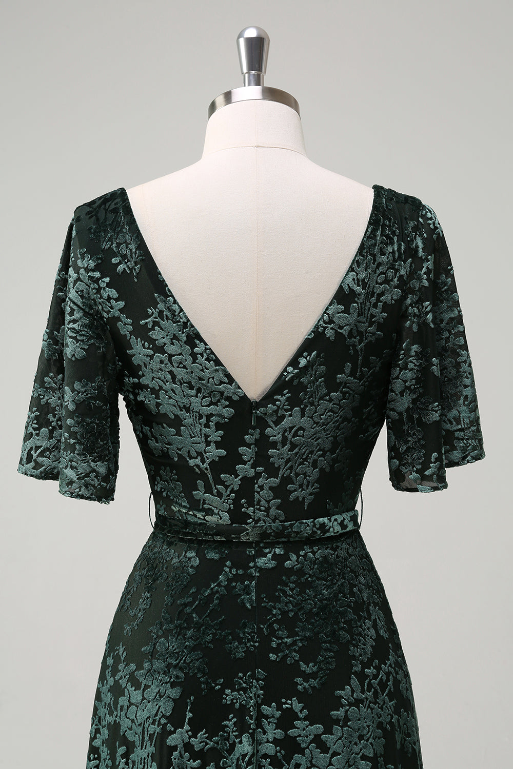 Dark Green V-Neck Burnout Velevt Bridesmaid Dress with Slit