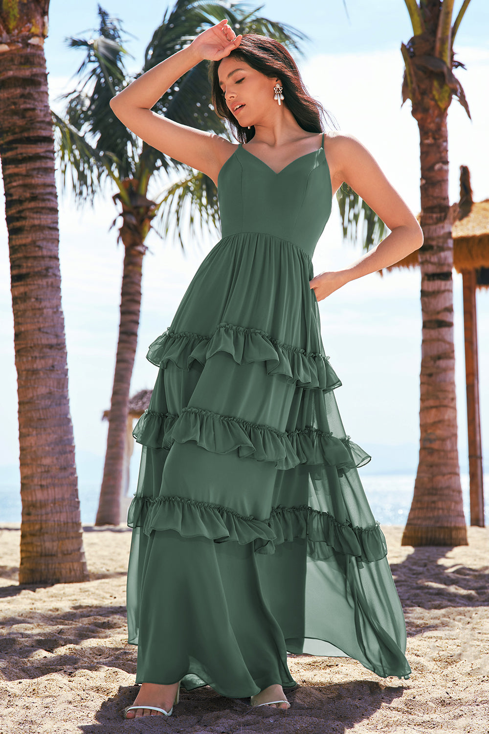 Eucalyptus A-Line V-Neck Tiered Chiffon Bridesmaid Dress