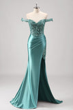 Grey Green Corset Sequined Satin Mermaid Prom Dress with Slit