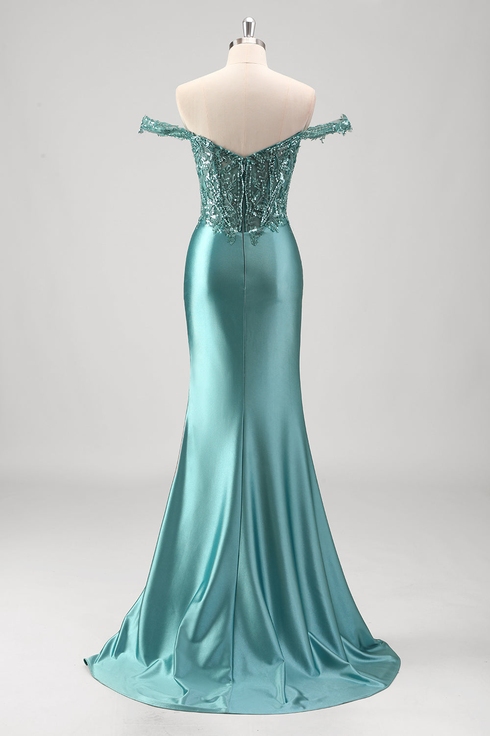 Grey Green Corset Sequined Satin Mermaid Prom Dress with Slit