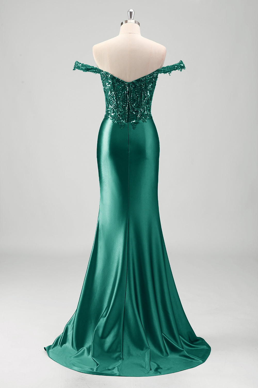 Grey Green Off the Shoulder Sequined Satin Mermaid Prom Dress with Slit