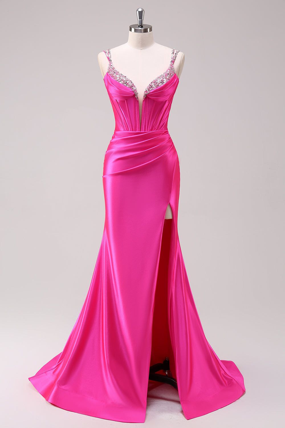 Fuchsia Mermaid Corset Sequin Sweep Train Prom Dress with Slit