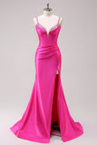 Fuchsia Mermaid Corset Sequin Sweep Train Prom Dress with Slit