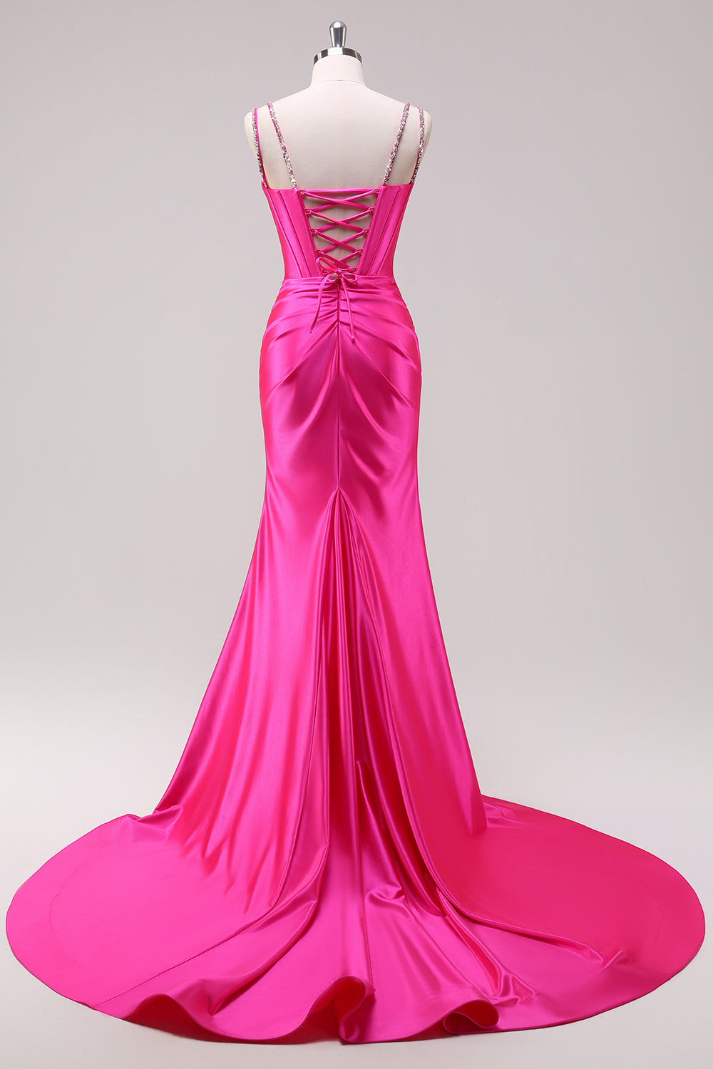 Fuchsia Mermaid Corset Sequin Sweep Train Prom Dress with Slit