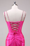 Fuchsia Mermaid Corset Sequin Sweep Train Prom Dress with Slit