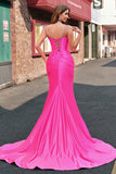 Fuchsia Mermaid Corset Sequin Sweep Train Prom Dress with Slit