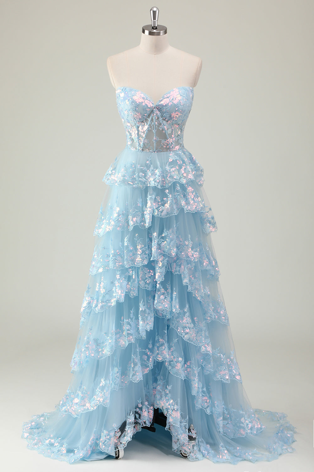 Sparkly Blue Ball Gown Sequins Corset Tiered Prom Dress with Slit