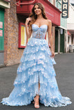 Sparkly Blue Ball Gown Sequins Corset Tiered Prom Dress with Slit