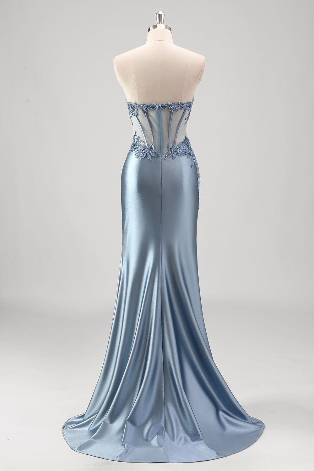 Grey Blue Strapless Applique Satin Beaded Mermaid Prom Dress with Slit