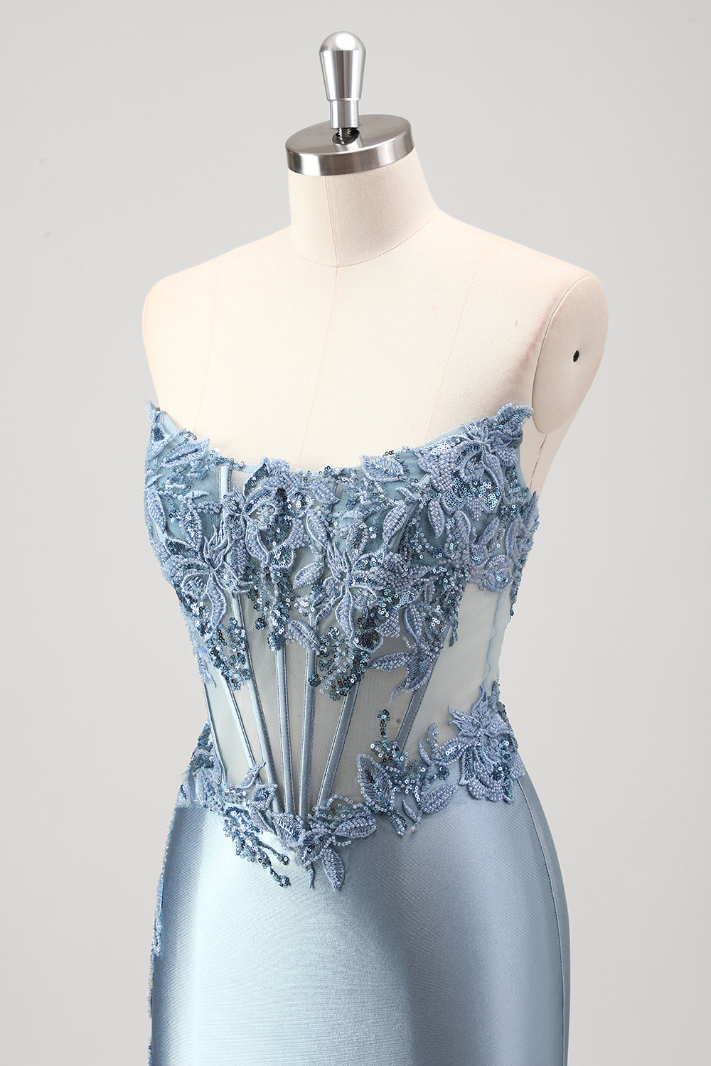 Grey Blue Strapless Applique Satin Beaded Mermaid Prom Dress with Slit