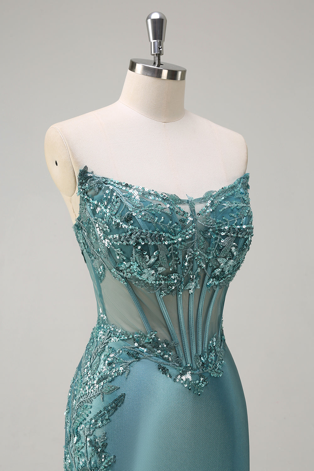 Grey Green Strapless Sequined Mermaid Satin Prom Dress with Slit