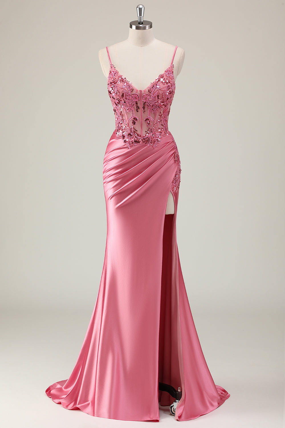 Sparkly Coral Mermaid Sequins Beaded Corset Ruched Prom Dress with Slit