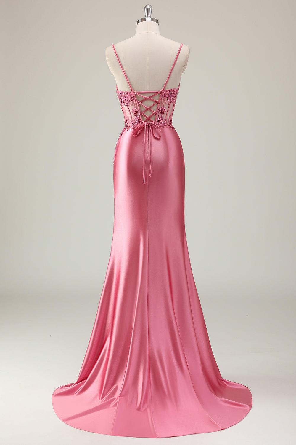 Sparkly Coral Mermaid Sequins Beaded Corset Ruched Prom Dress with Slit