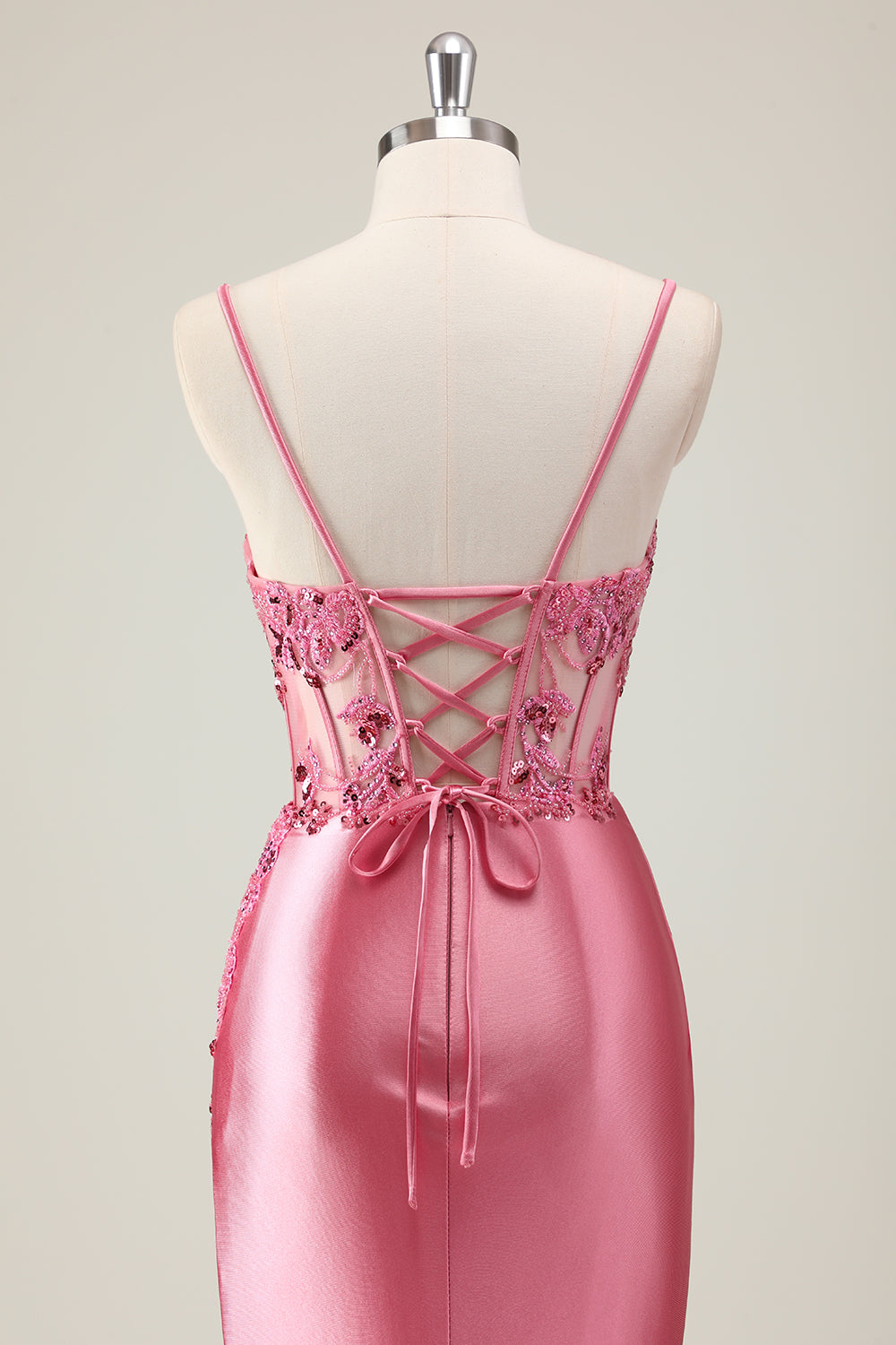 Sparkly Coral Mermaid Sequins Spaghetti Straps Corset Prom Dress with Slit