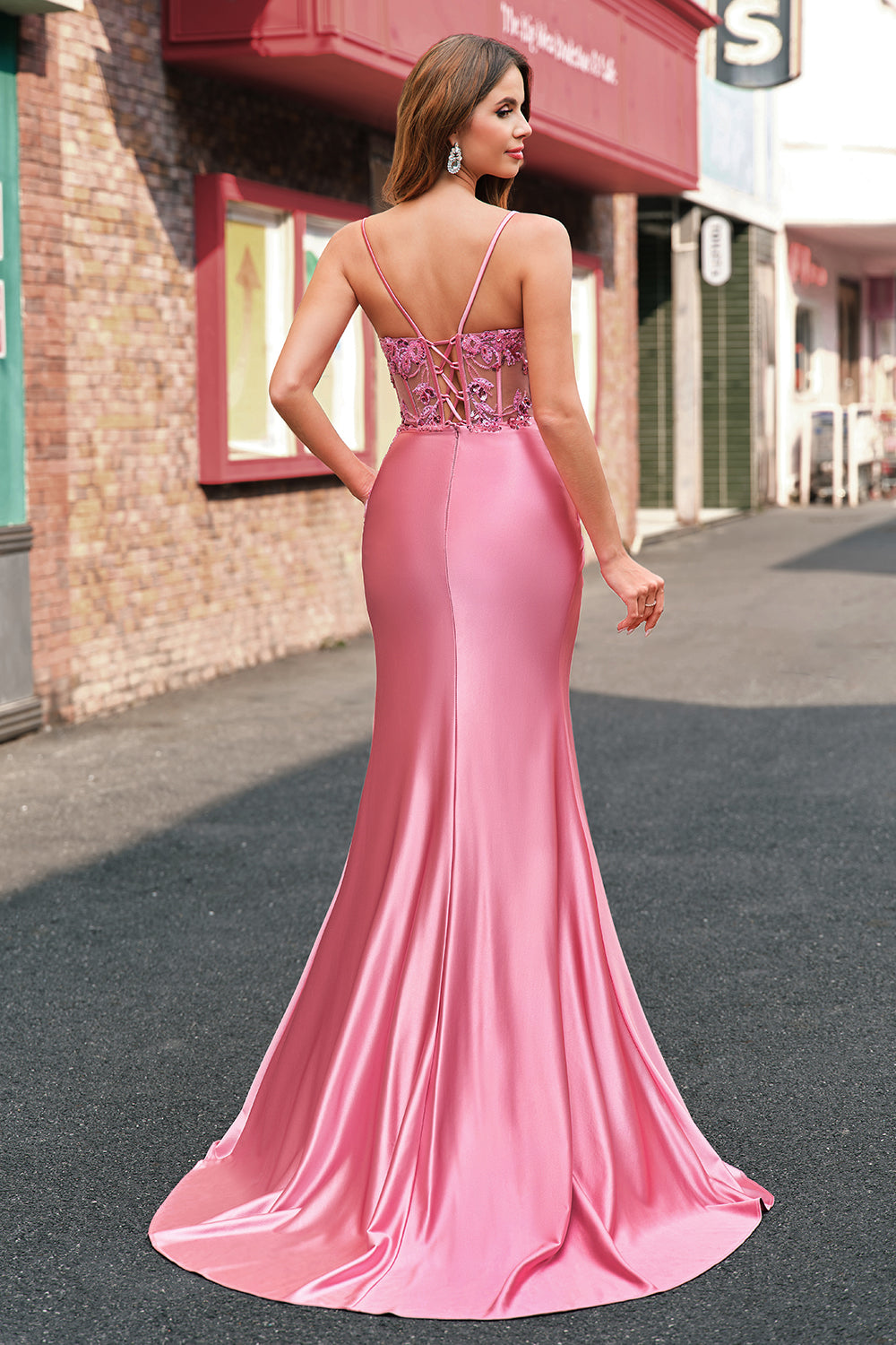 Sparkly Coral Mermaid Sequins Beaded Corset Ruched Prom Dress with Slit