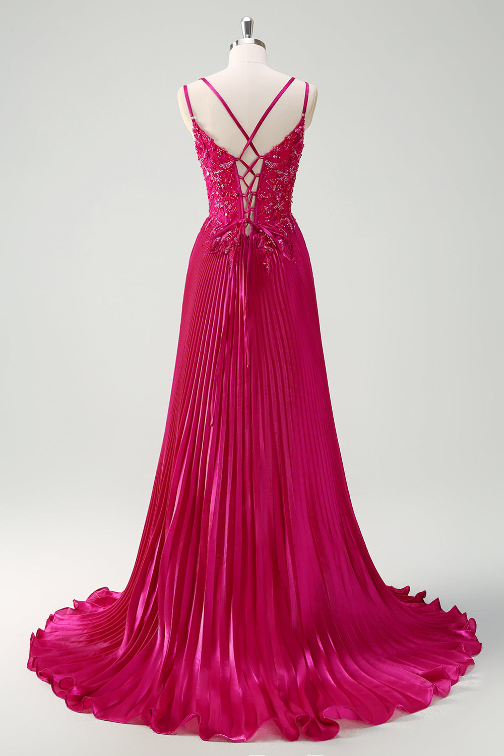 Fuchsia Beaded A-Line Ruched Prom Dress with Slit