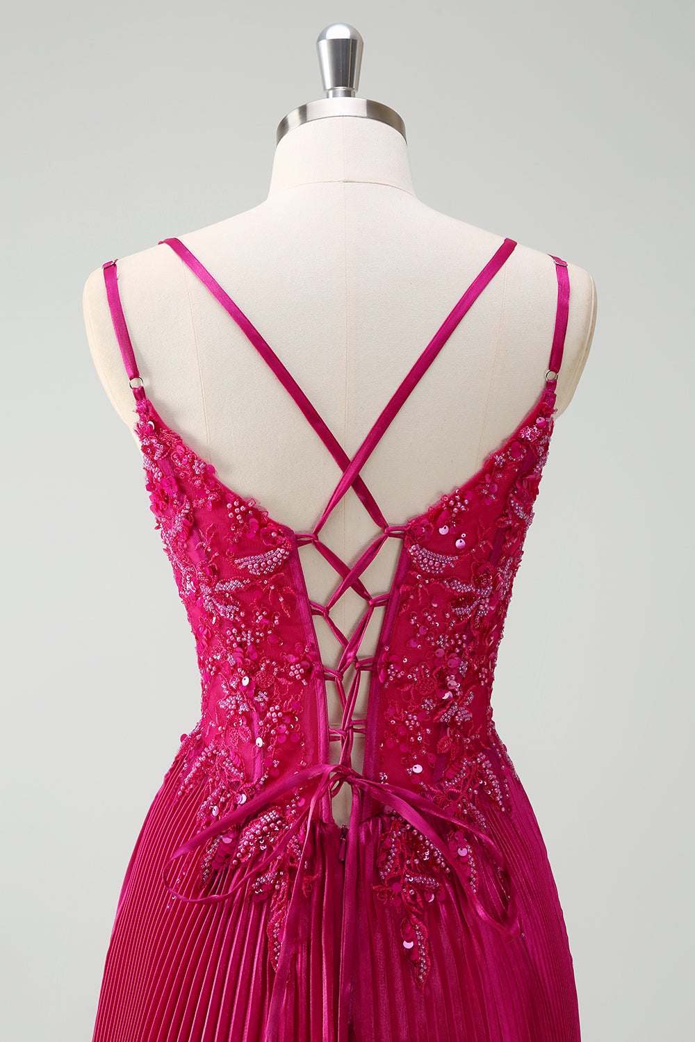 Fuchsia Beaded A-Line Ruched Prom Dress with Slit