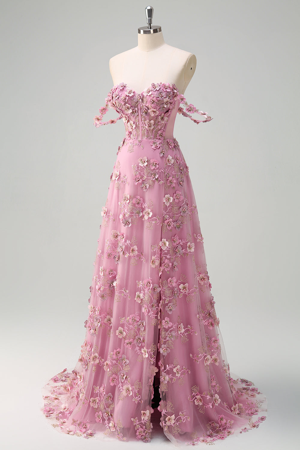 Taro Purple Off the Shoulder Corset Applique Prom Dress with Slit