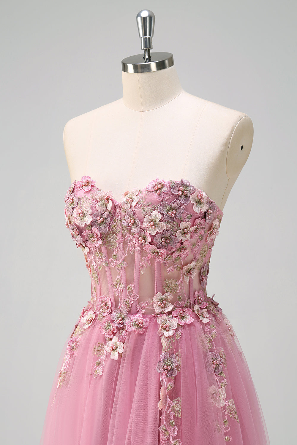 Taro Purple Strapless Applique Corset A-Line Tulle Prom Dress with Slit
