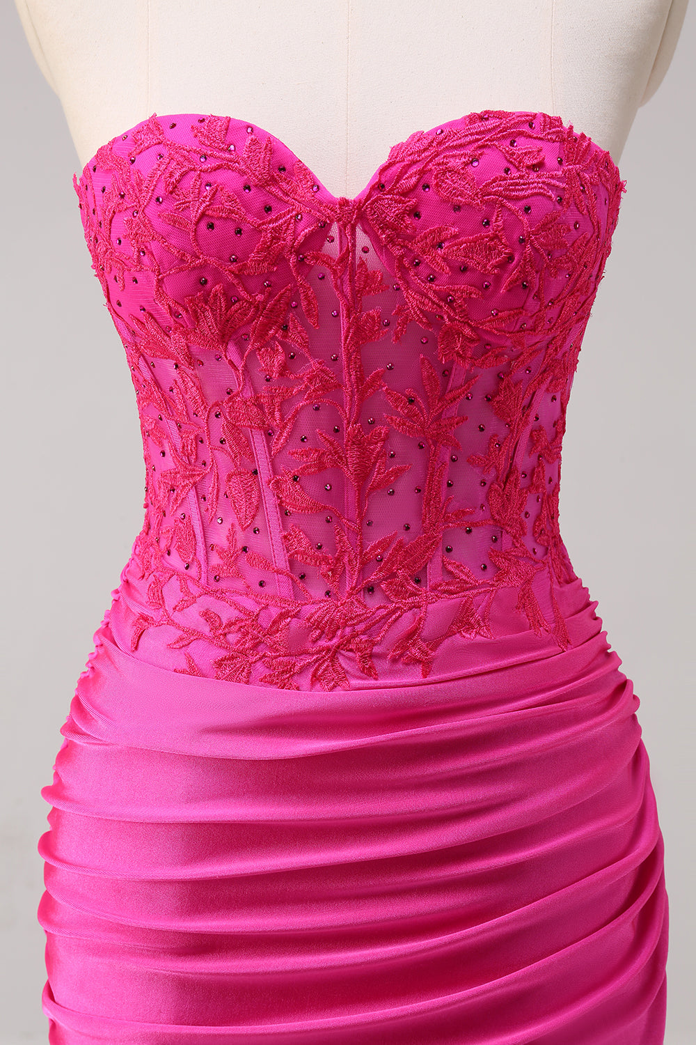 Mermaid Fuchsia Strapless Corset Embroidered Prom Dress with Slit