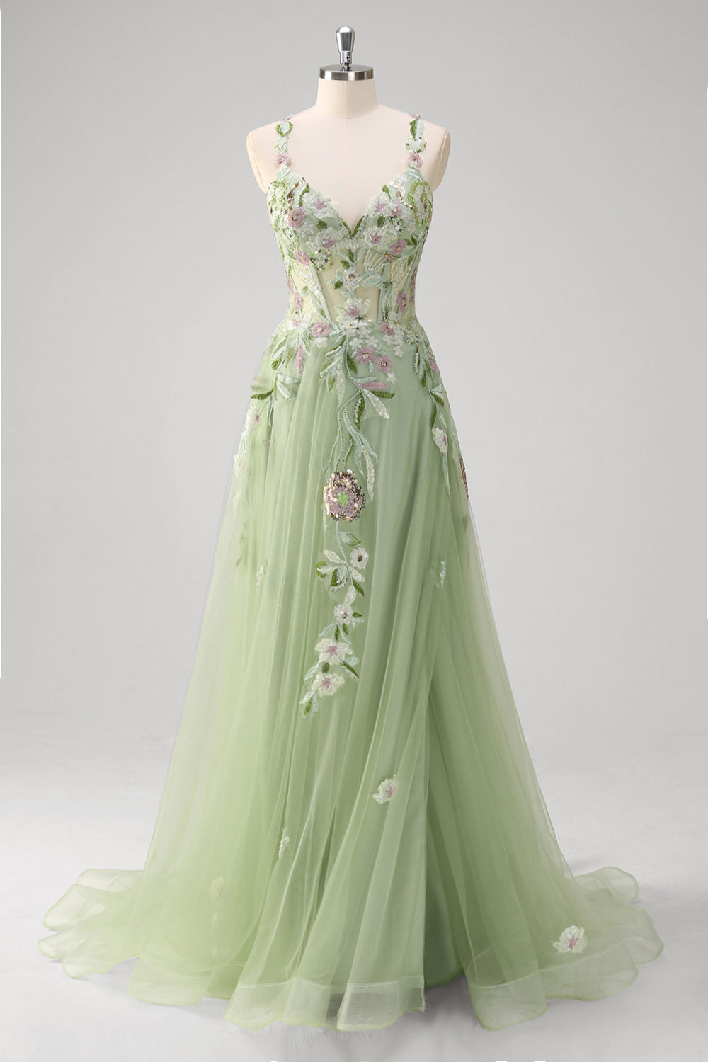 Leely Women Green Floral Tulle A-Line Prom Dress with Slit Sequined Sweep Train Formal Dress with Criss Cross Back