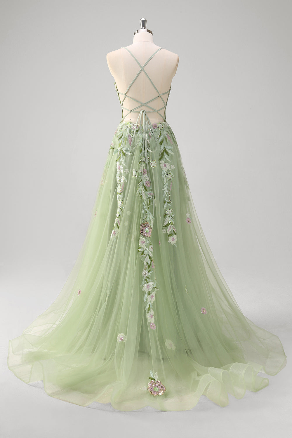 Green Corset Sequins Floral Tulle A-Line Prom Dress with Slit