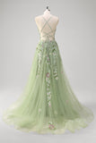 Green Corset Sequins Floral Tulle A-Line Prom Dress with Slit