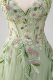 Green Corset Sequins Floral Tulle A-Line Prom Dress with Slit
