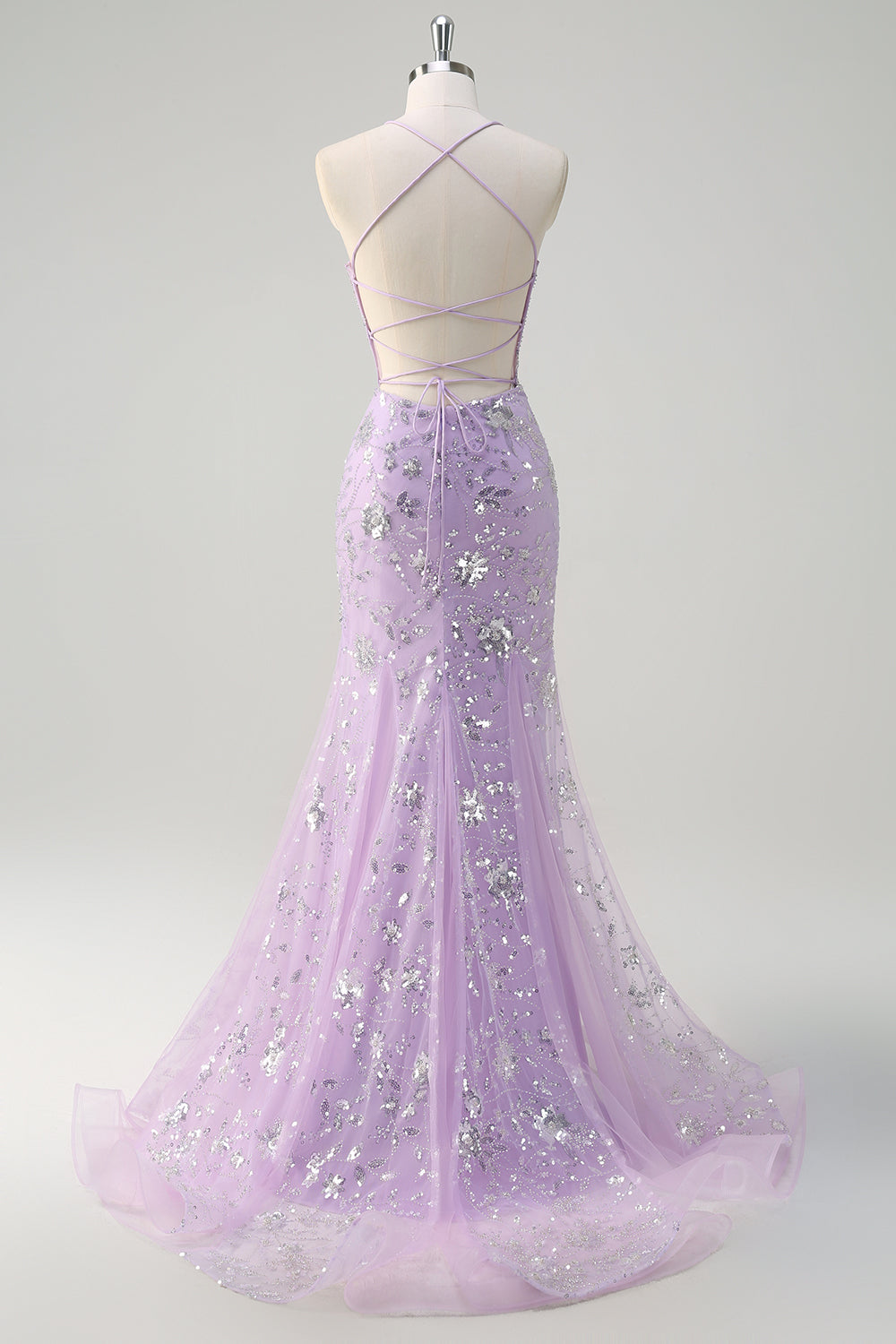 Sparkly Lilac Corset Sequins Mermaid Prom Dress with Criss Cross Back