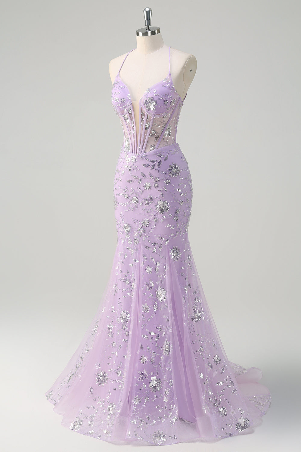 Sparkly Lilac Corset Sequins Mermaid Prom Dress with Criss Cross Back
