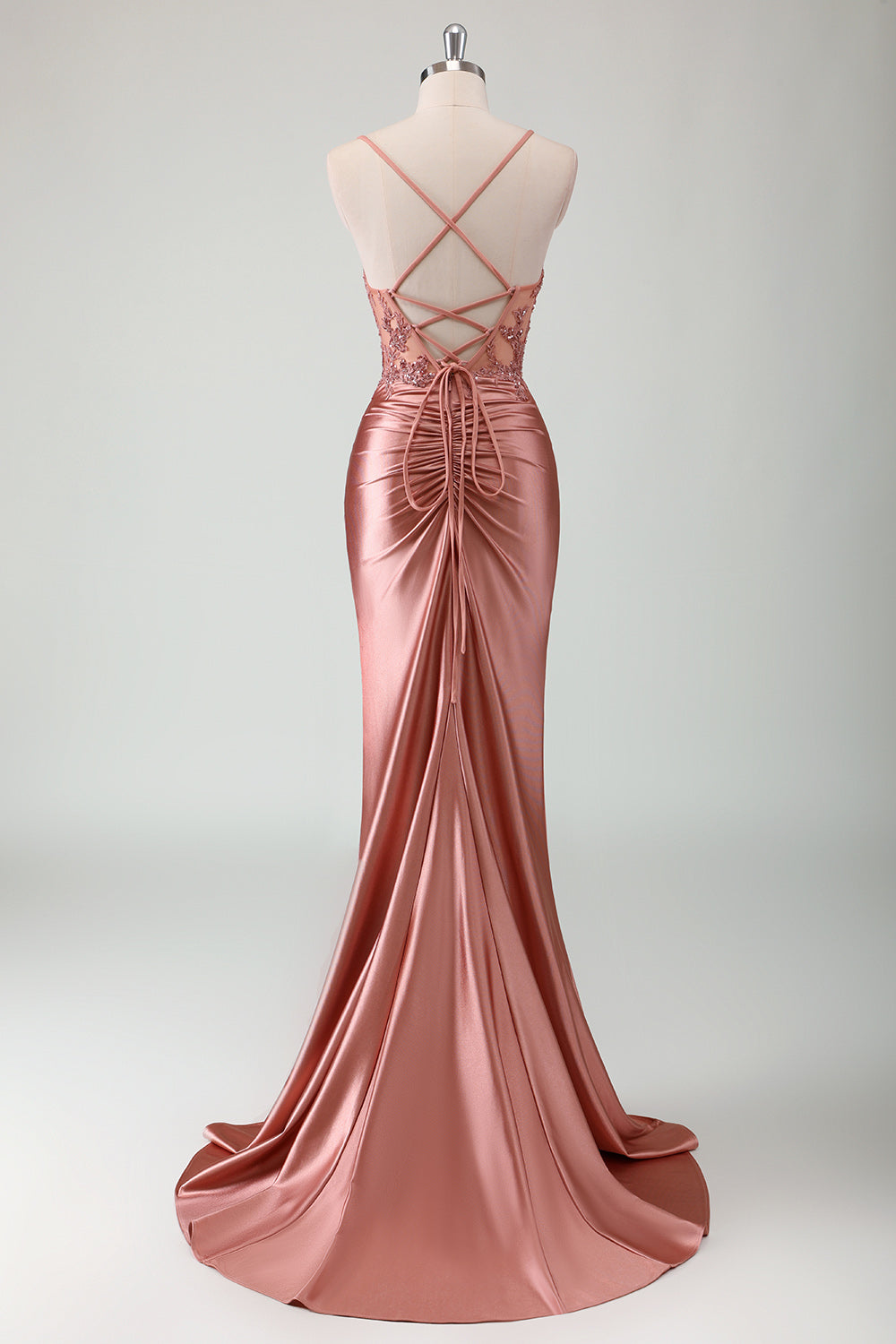 Corset Army Green Applique Satin Mermaid Prom Dress with Slit