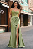 Corset Army Green Applique Satin Mermaid Prom Dress with Slit