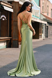 Corset Army Green Applique Satin Mermaid Prom Dress with Slit