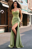 Corset Army Green Applique Satin Mermaid Prom Dress with Slit