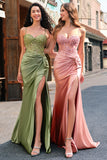 Corset Army Green Applique Satin Mermaid Prom Dress with Slit
