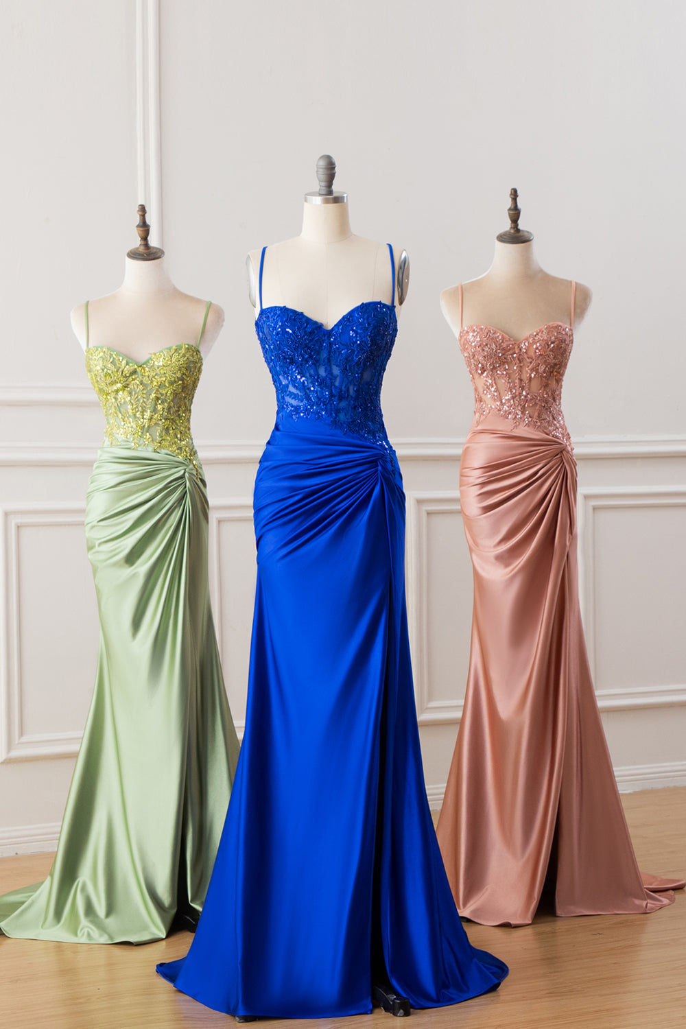 Corset Army Green Applique Satin Mermaid Prom Dress with Slit