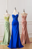 Corset Army Green Applique Satin Mermaid Prom Dress with Slit