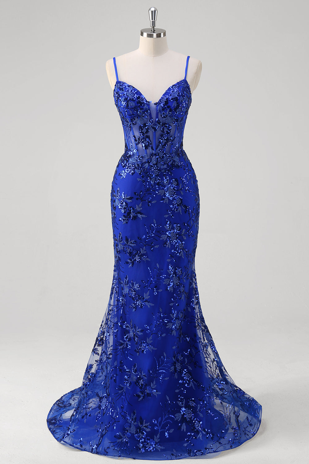 Royal Blue Corset Sequined Applique Mermaid Prom Dress
