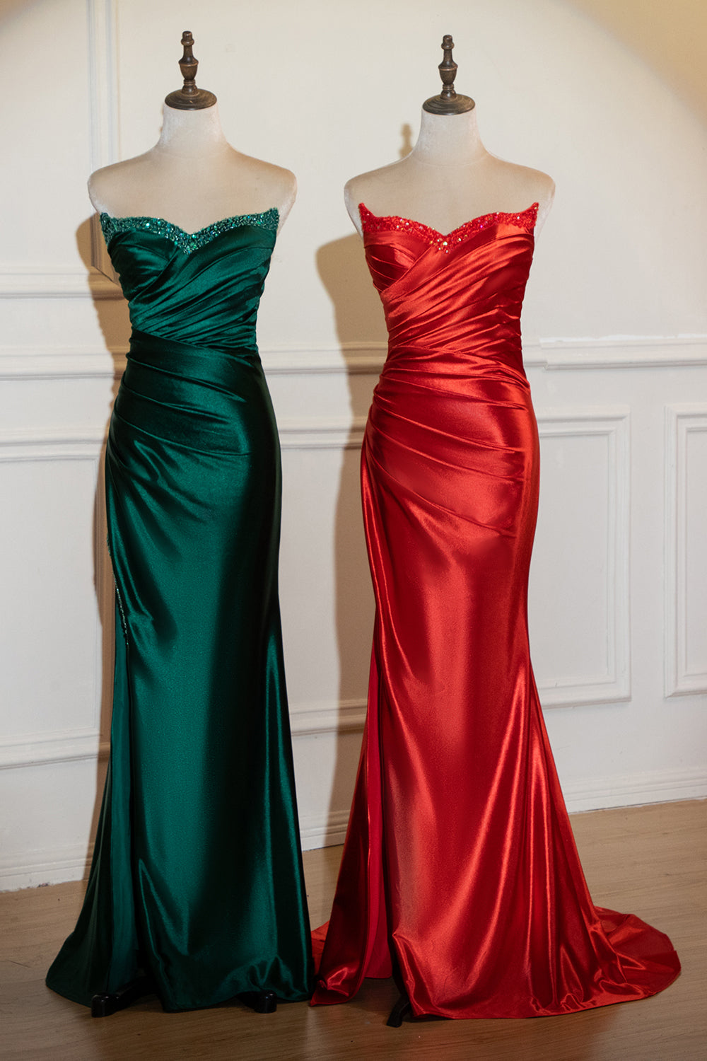 Red Strapless Satin Beaded Mermaid Prom Dress with Slit